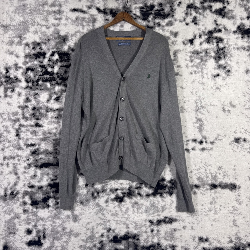 Polo Ralph Lauren Sweater Mens Large Gray PIma Cotton Pockets Button Up V-Neck